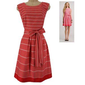 Size 16 XL CORAL/WHITE LINE PRINT FIT & FLARE DRESS W/TIE Summer Party Plus Size